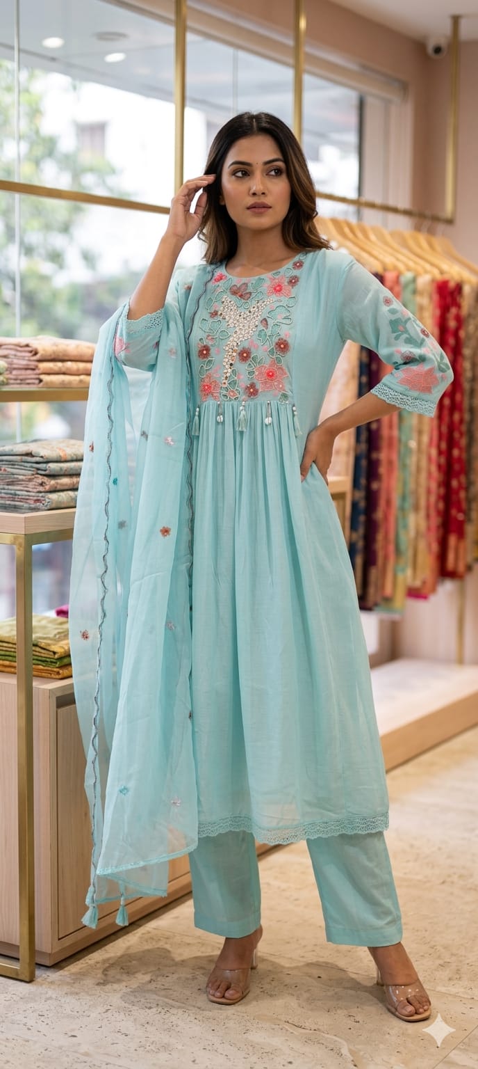Beautiful Colors Crush Cotton Embroidered Yoke Aline Full Suit Set Polly Organza  Dupatta  13838