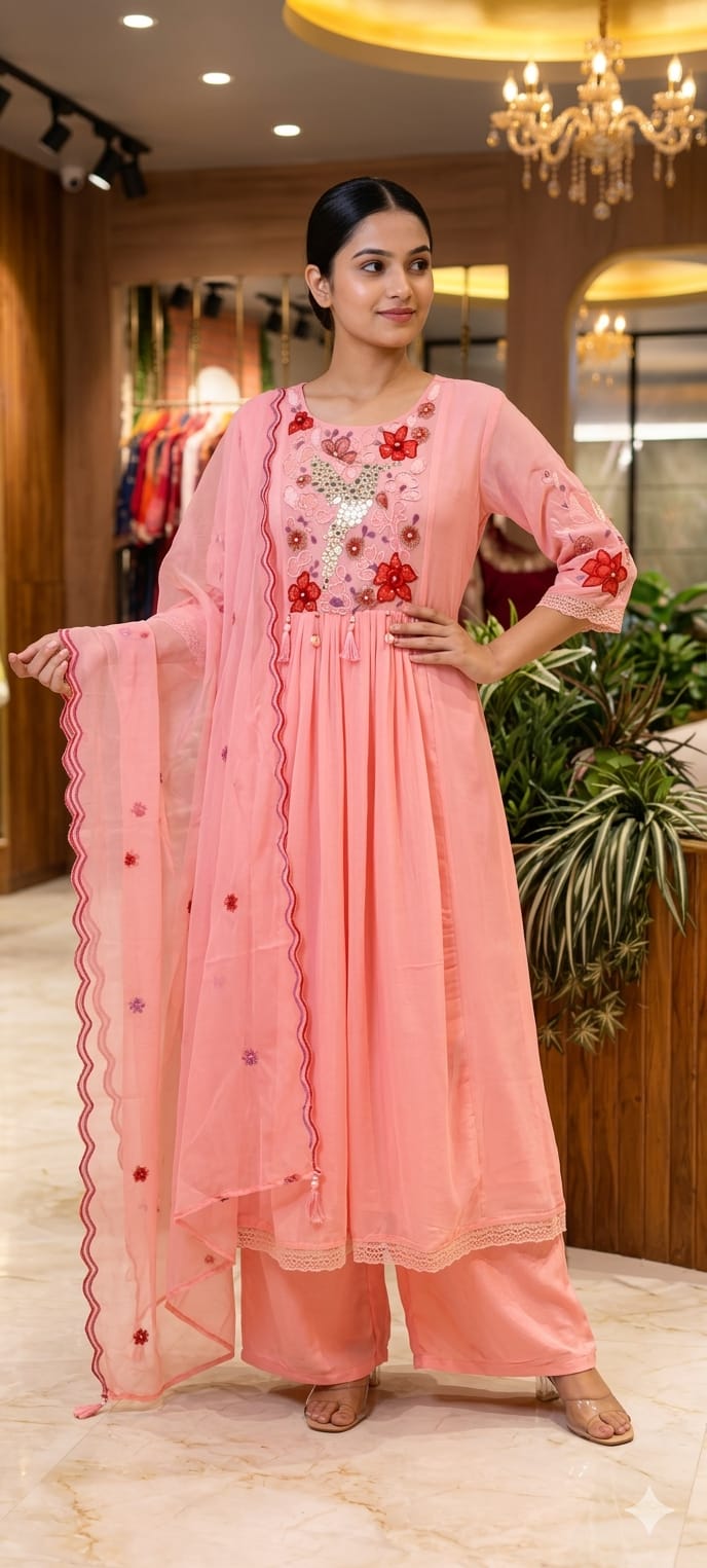 Beautiful Colors Crush Cotton Embroidered Yoke Aline Full Suit Set Polly Organza  Dupatta  13838
