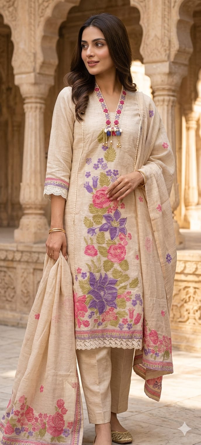 Spring Floral Print With Golden Highlights Crosia Laced A-Lined Full Suit Set With Dupatta Fabric Weaving - 13818