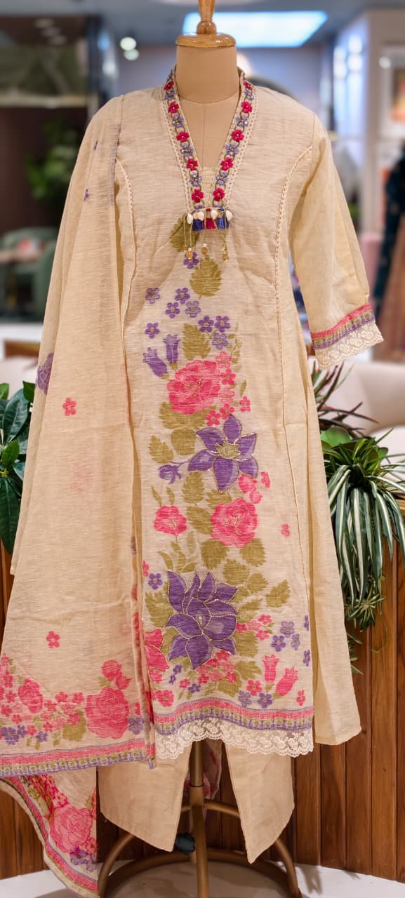 Spring Floral Print With Golden Highlights Crosia Laced A-Lined Full Suit Set With Dupatta Fabric Weaving - 13818