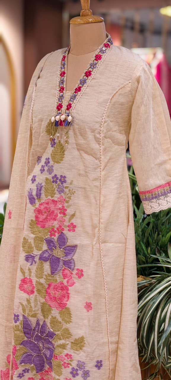 Spring Floral Print With Golden Highlights Crosia Laced A-Lined Full Suit Set With Dupatta Fabric Weaving - 13818