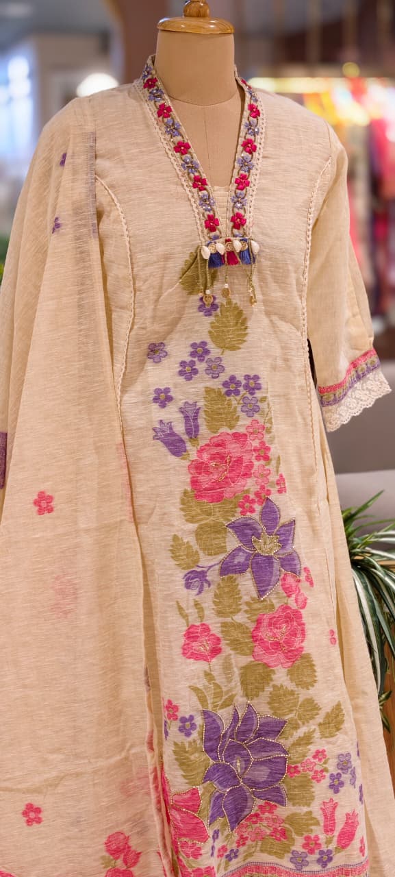 Spring Floral Print With Golden Highlights Crosia Laced A-Lined Full Suit Set With Dupatta Fabric Weaving - 13818