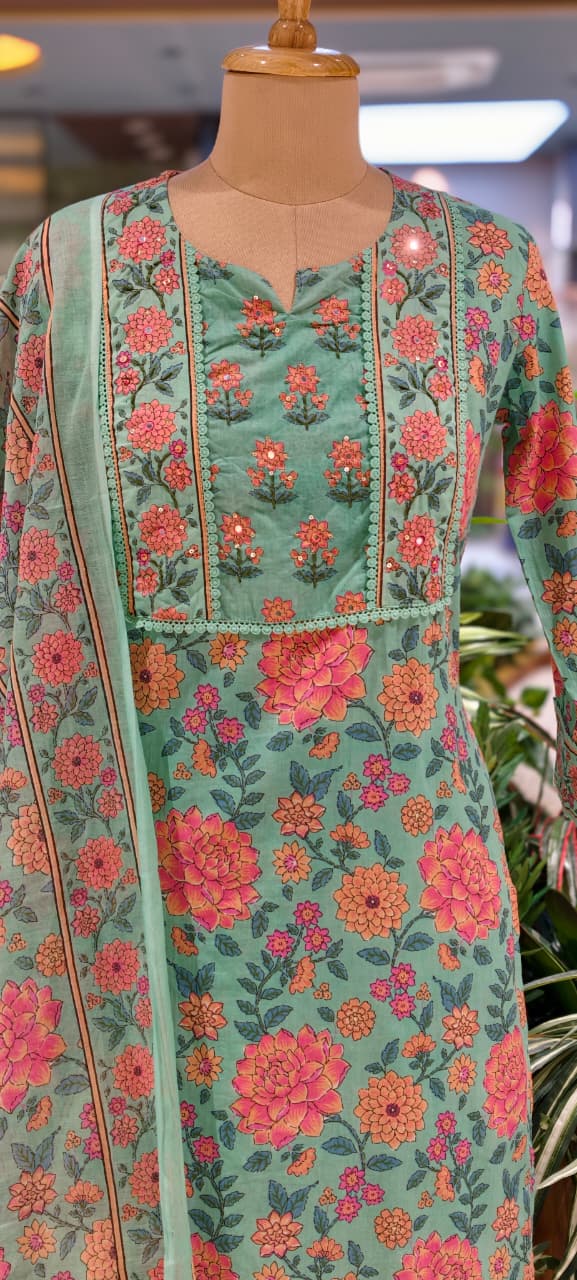Spring Vibe Complete Floral Print With Minimal Crosia Lined Cotton Full Suit Set With Dupatta