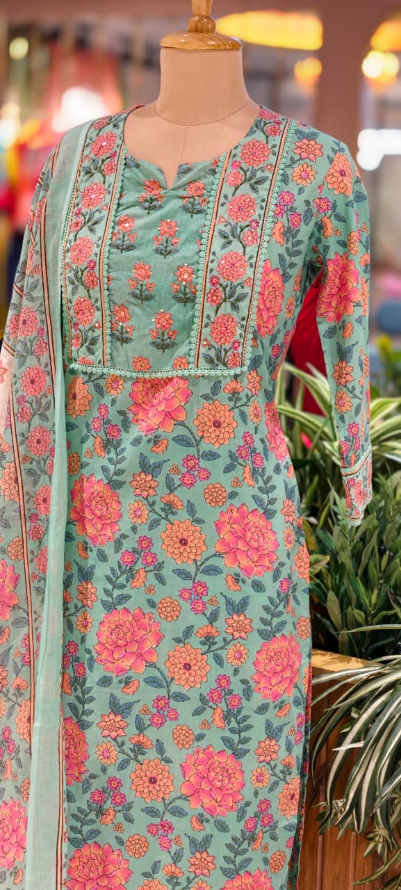 Spring Vibe Complete Floral Print With Minimal Crosia Lined Cotton Full Suit Set With Dupatta
