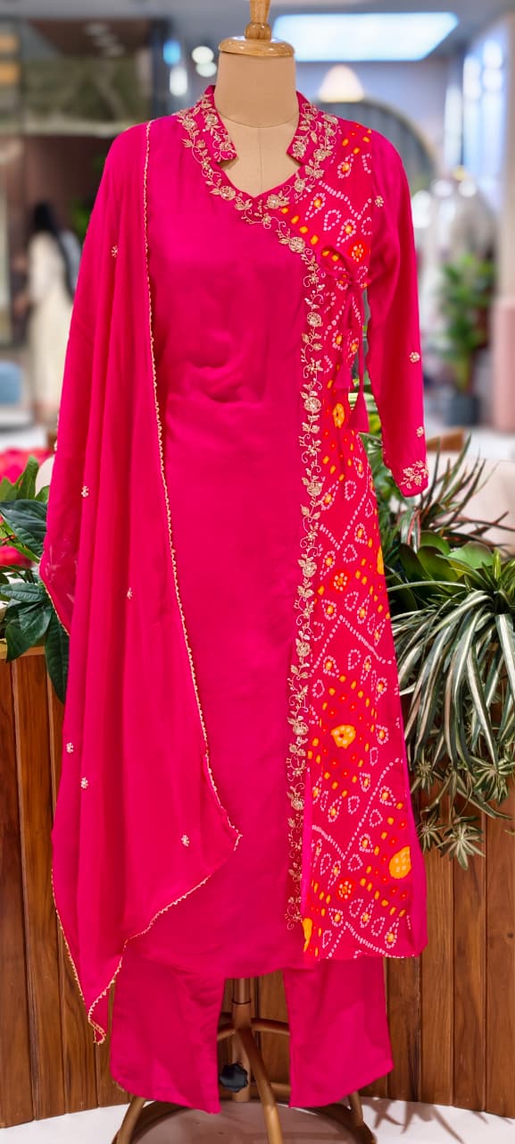 Dola Silk Rani Pink Ethnic Suit Set With Floral Embroidered Neckline Bhandhani Print Angrakha Pattern Full Suit Set 13854