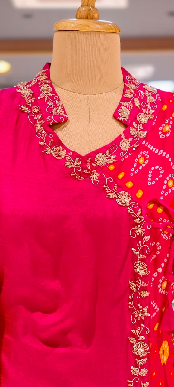 Dola Silk Rani Pink Ethnic Suit Set With Floral Embroidered Neckline Bhandhani Print Angrakha Pattern Full Suit Set 13854