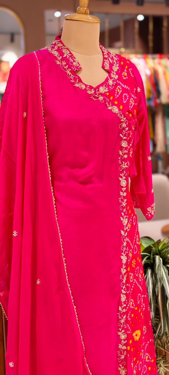 Dola Silk Rani Pink Ethnic Suit Set With Floral Embroidered Neckline Bhandhani Print Angrakha Pattern Full Suit Set 13854