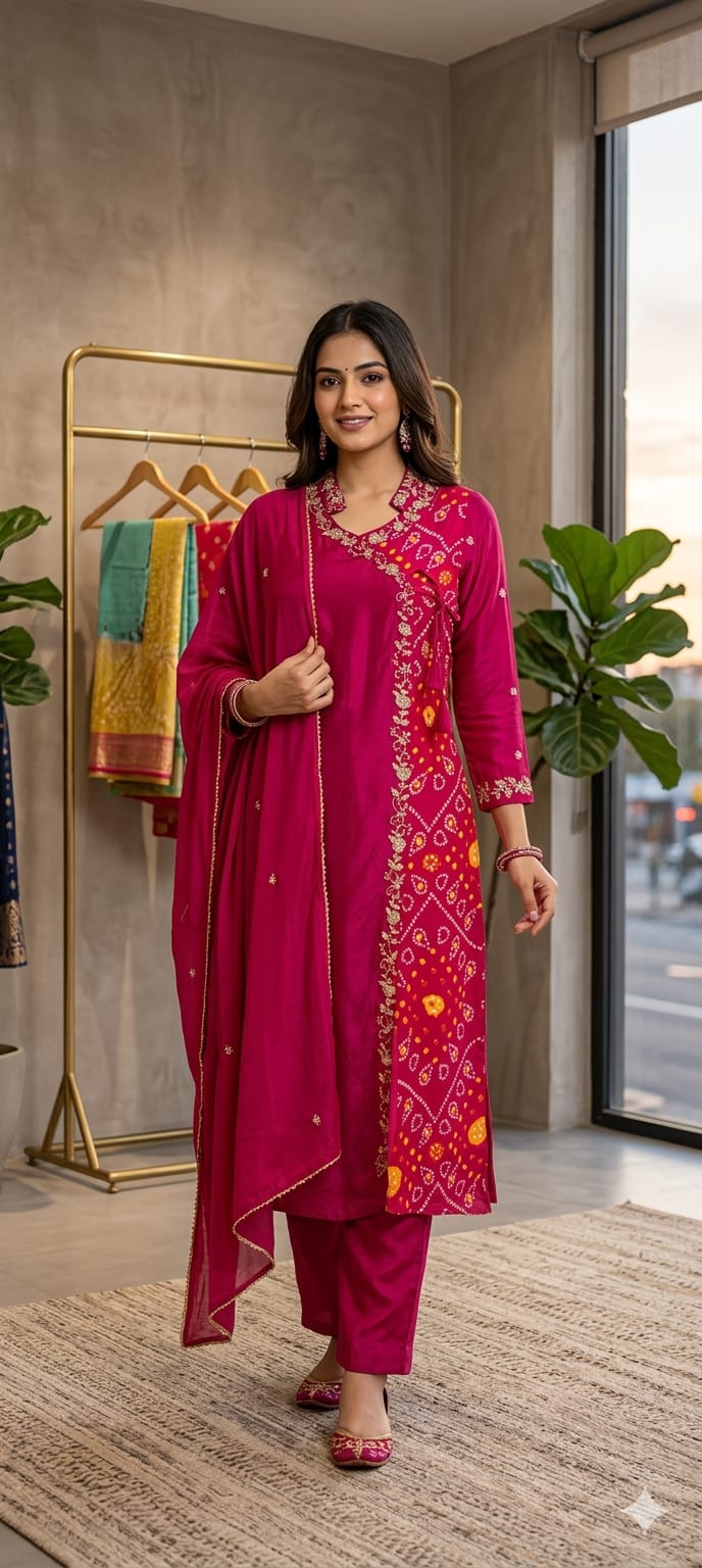 Dola Silk Rani Pink Ethnic Suit Set With Floral Embroidered Neckline Bhandhani Print Angrakha Pattern Full Suit Set 13854