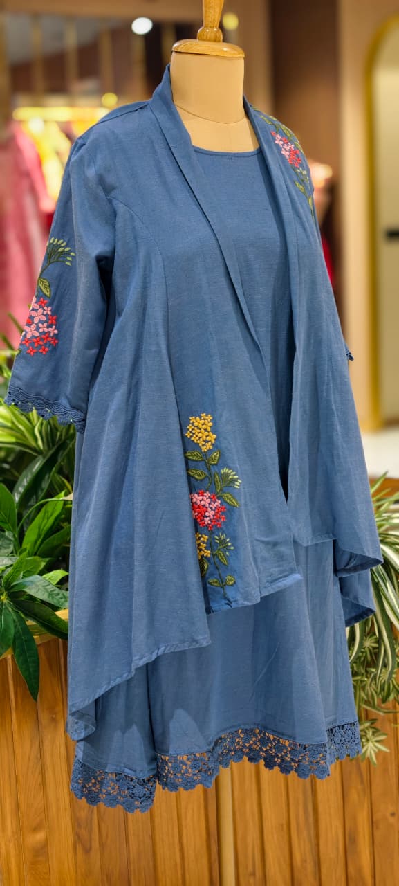 Stylish Denim Style Blue Cotton Indowestern Kurti with Embroidered Jacket and Intricate lace Hemline 13850