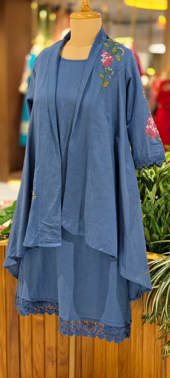 Stylish Denim Style Blue Cotton Indowestern Kurti with Embroidered Jacket and Intricate lace Hemline 13850