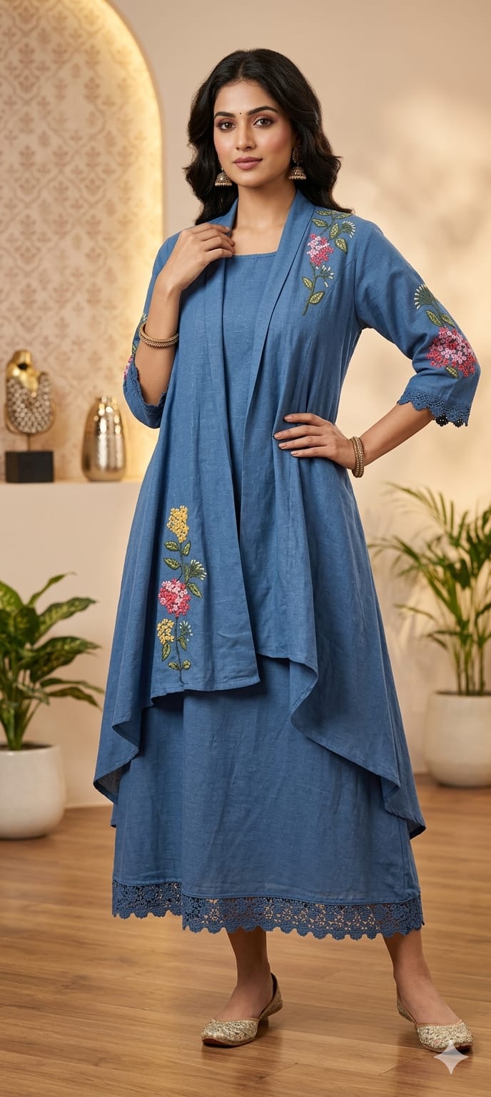 Stylish Denim Style Blue Cotton Indowestern Kurti with Embroidered Jacket and Intricate lace Hemline 13850
