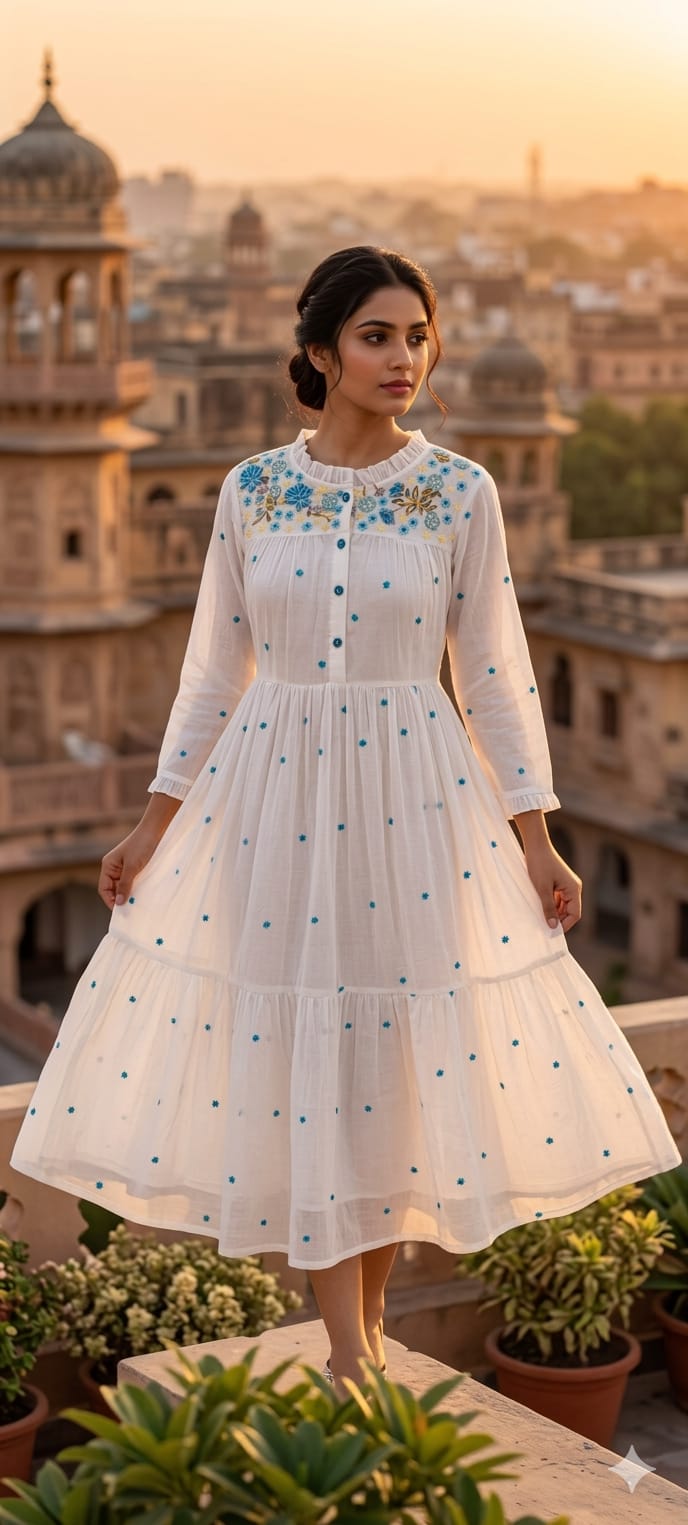 Elegant White Soft Mul Cotton Frock with Delicate Blue Flower Embroidery Round Neck Button 13853