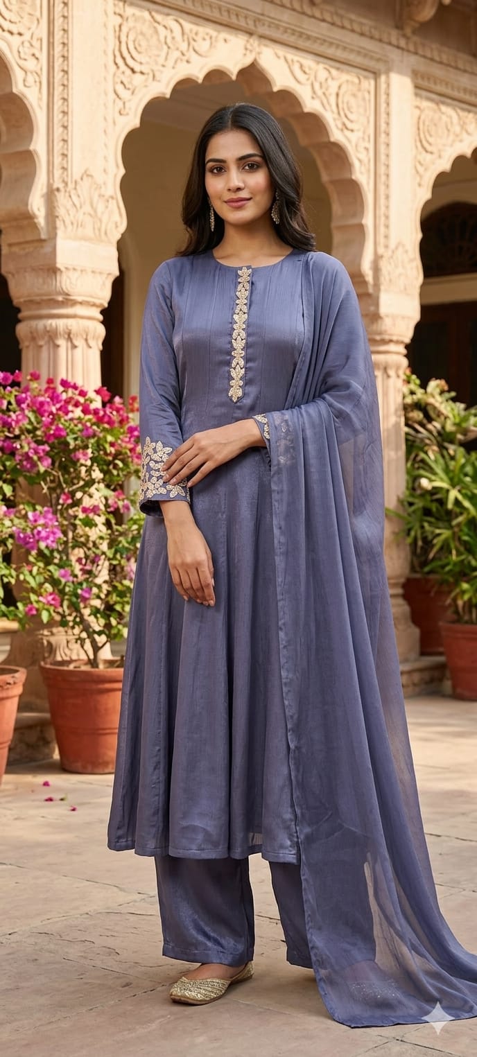 Premium Chinon Anarkali Suit Set with embroidered neckline and embellished sleeve cuffs-13848