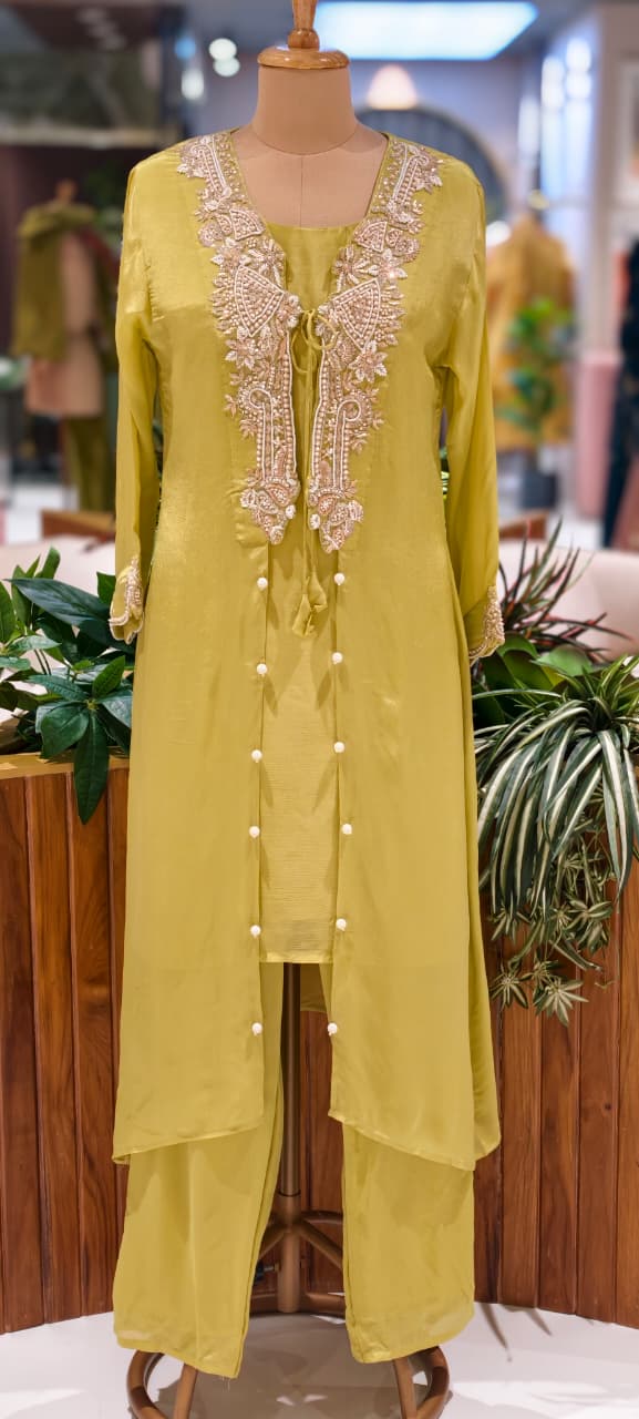 Luxury Chinon Indo Western  Hand Embroidered Neckline, Tassel Detailing and Elegant Sheer Finish-13820