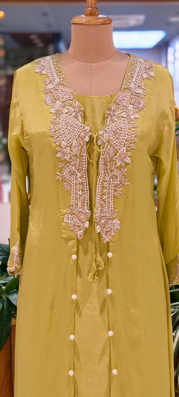 Luxury Chinon Indo Western  Hand Embroidered Neckline, Tassel Detailing and Elegant Sheer Finish-13820