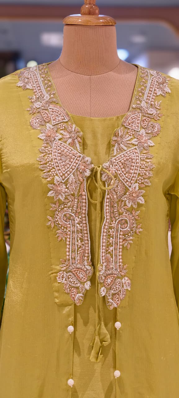 Luxury Chinon Indo Western  Hand Embroidered Neckline, Tassel Detailing and Elegant Sheer Finish-13820