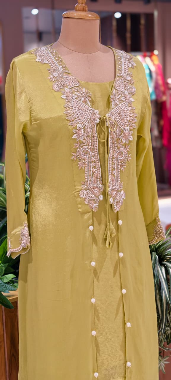 Luxury Chinon Indo Western  Hand Embroidered Neckline, Tassel Detailing and Elegant Sheer Finish-13820