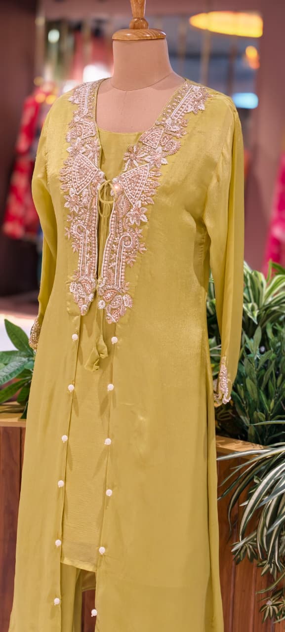 Luxury Chinon Indo Western  Hand Embroidered Neckline, Tassel Detailing and Elegant Sheer Finish-13820