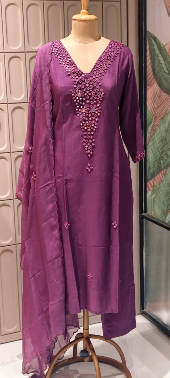 Royal Solid Shade  Dola Silk  Mirror Embroidered Aline Full Suit  Set 13807