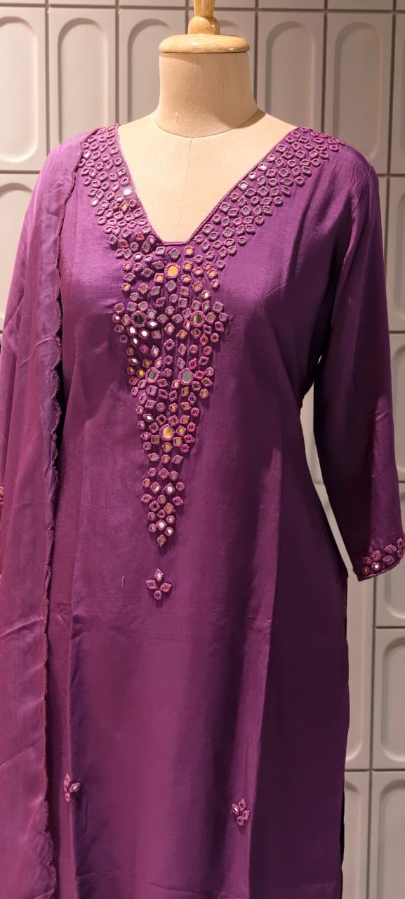 Royal Solid Shade  Dola Silk  Mirror Embroidered Aline Full Suit  Set 13807