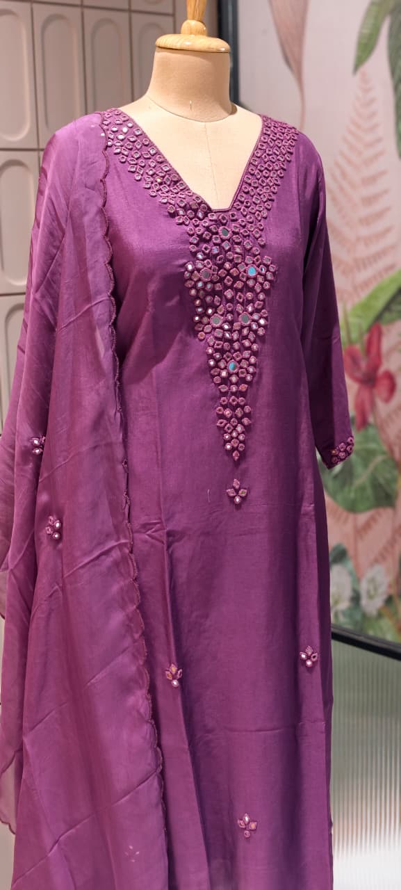 Royal Solid Shade  Dola Silk  Mirror Embroidered Aline Full Suit  Set 13807