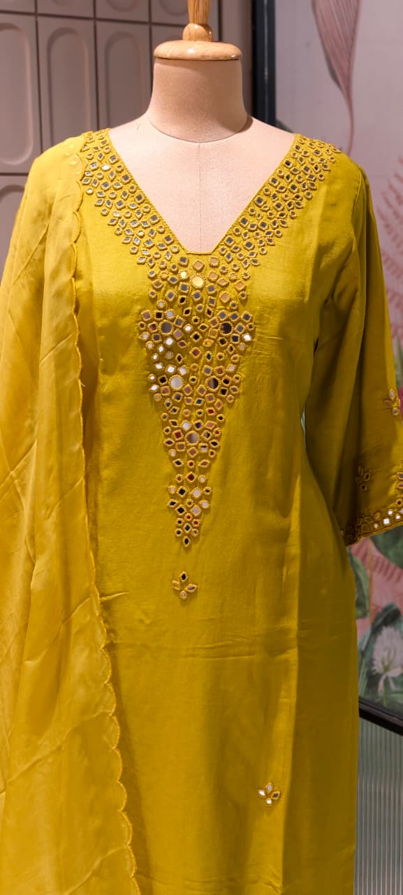 Royal Solid Shade  Dola Silk  Mirror Embroidered Aline Full Suit  Set 13807