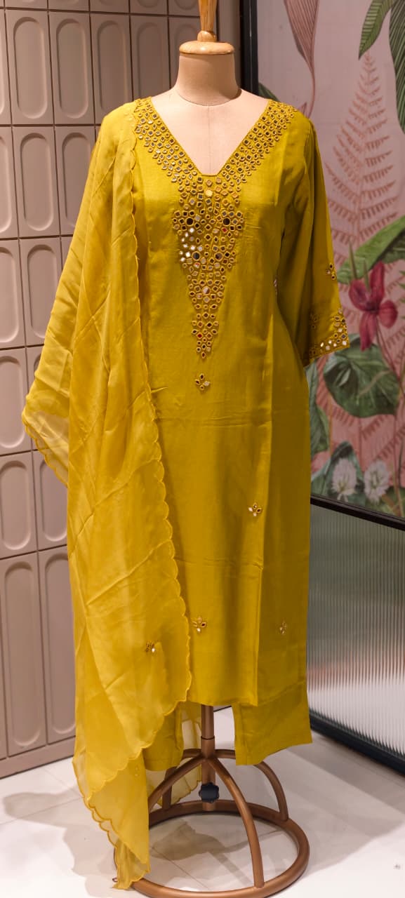 Royal Solid Shade  Dola Silk  Mirror Embroidered Aline Full Suit  Set 13807