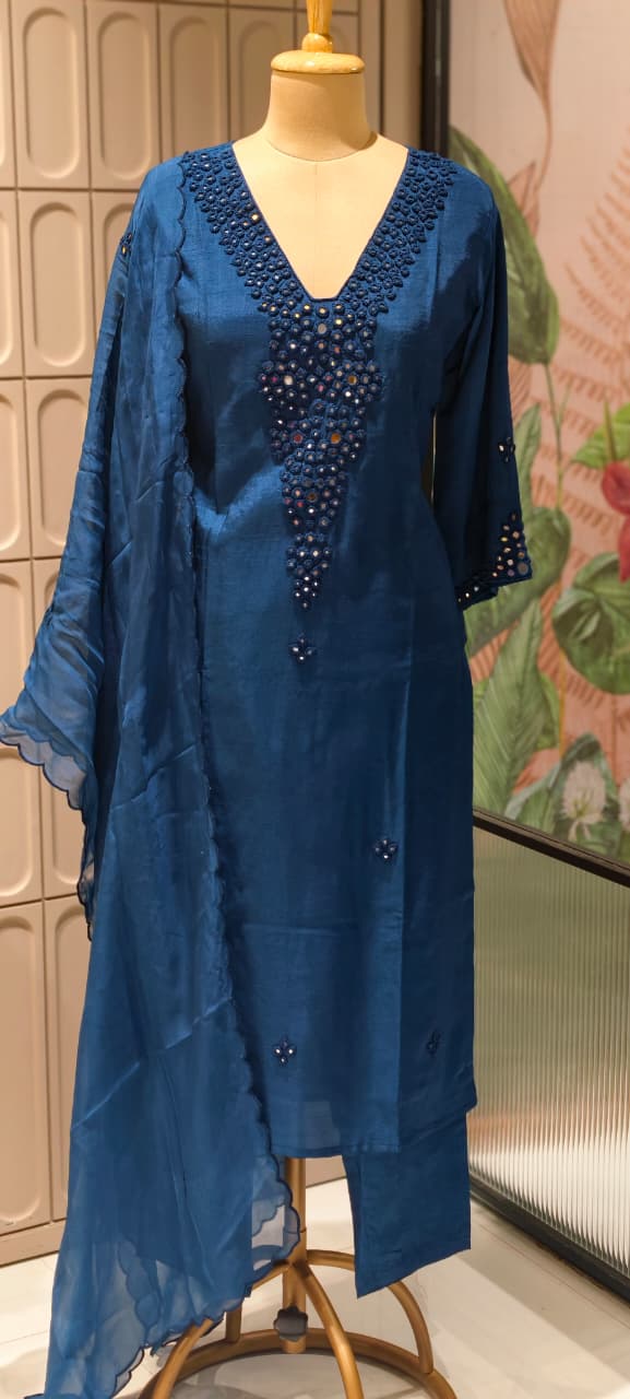 Royal Solid Shade  Dola Silk  Mirror Embroidered Aline Full Suit  Set 13807