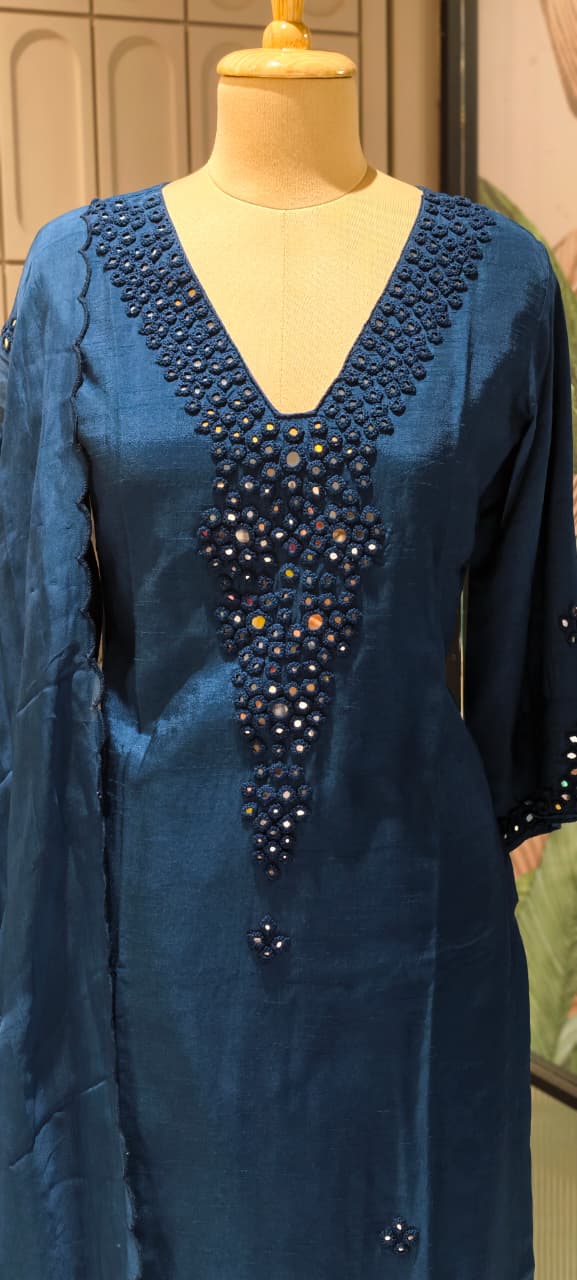 Royal Solid Shade  Dola Silk  Mirror Embroidered Aline Full Suit  Set 13807