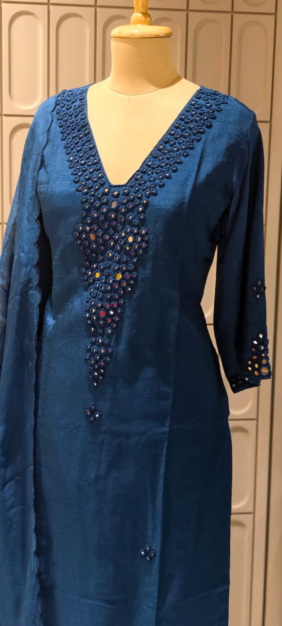 Royal Solid Shade  Dola Silk  Mirror Embroidered Aline Full Suit  Set 13807