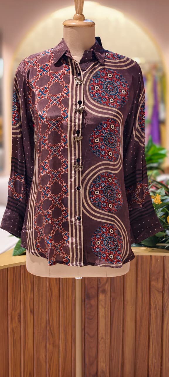 Elegant Ethnic Print Crepe Shirt with Statement Collar and Artistic Pattern-13862