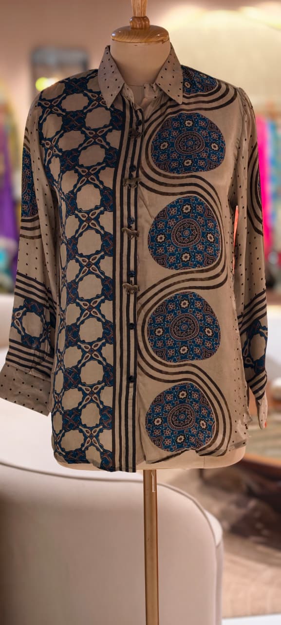 Elegant Ethnic Print Crepe Shirt with Statement Collar and Artistic Pattern-13862