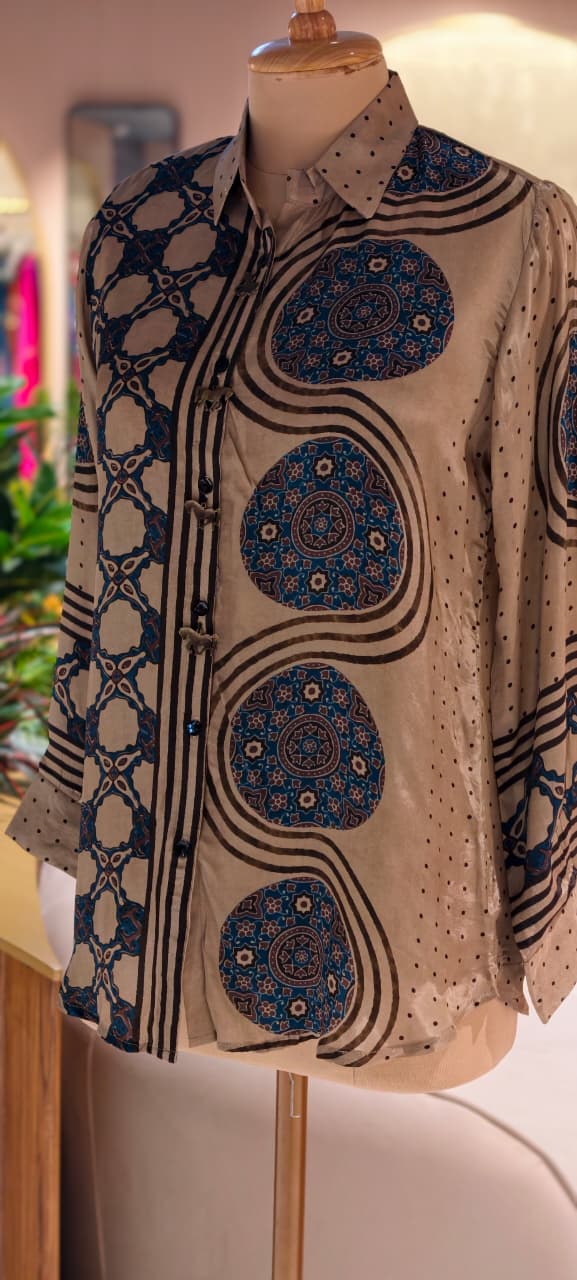 Elegant Ethnic Print Crepe Shirt with Statement Collar and Artistic Pattern-13862