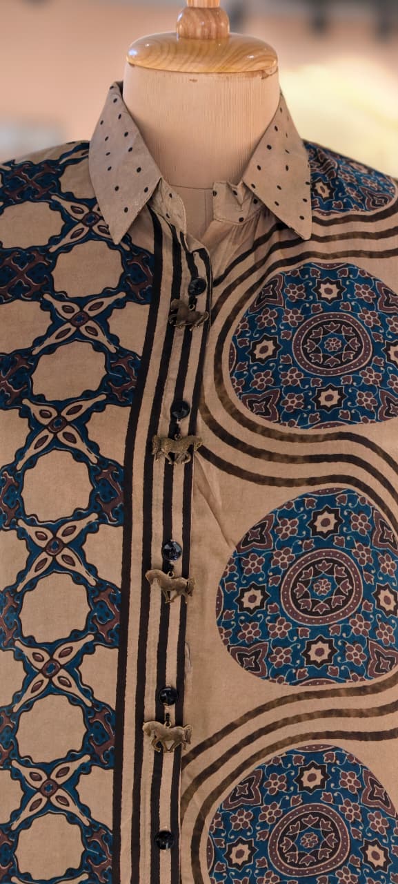 Elegant Ethnic Print Crepe Shirt with Statement Collar and Artistic Pattern-13862