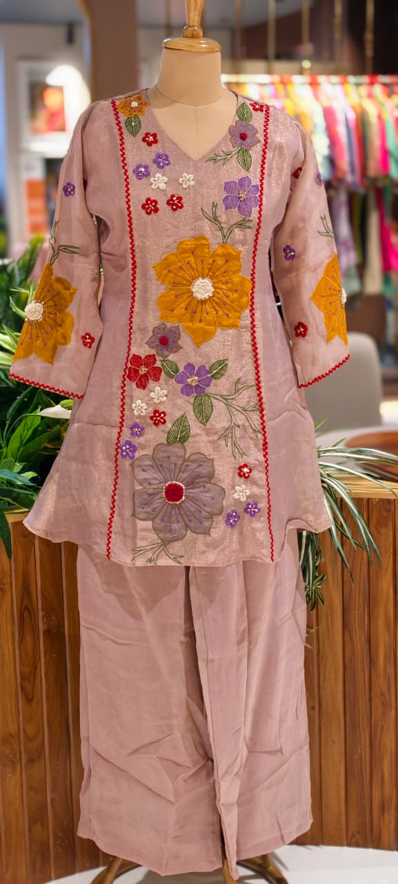 Luxury Shimmer Tissue Hand Embroidered Kurta with Palazzo Set-13812