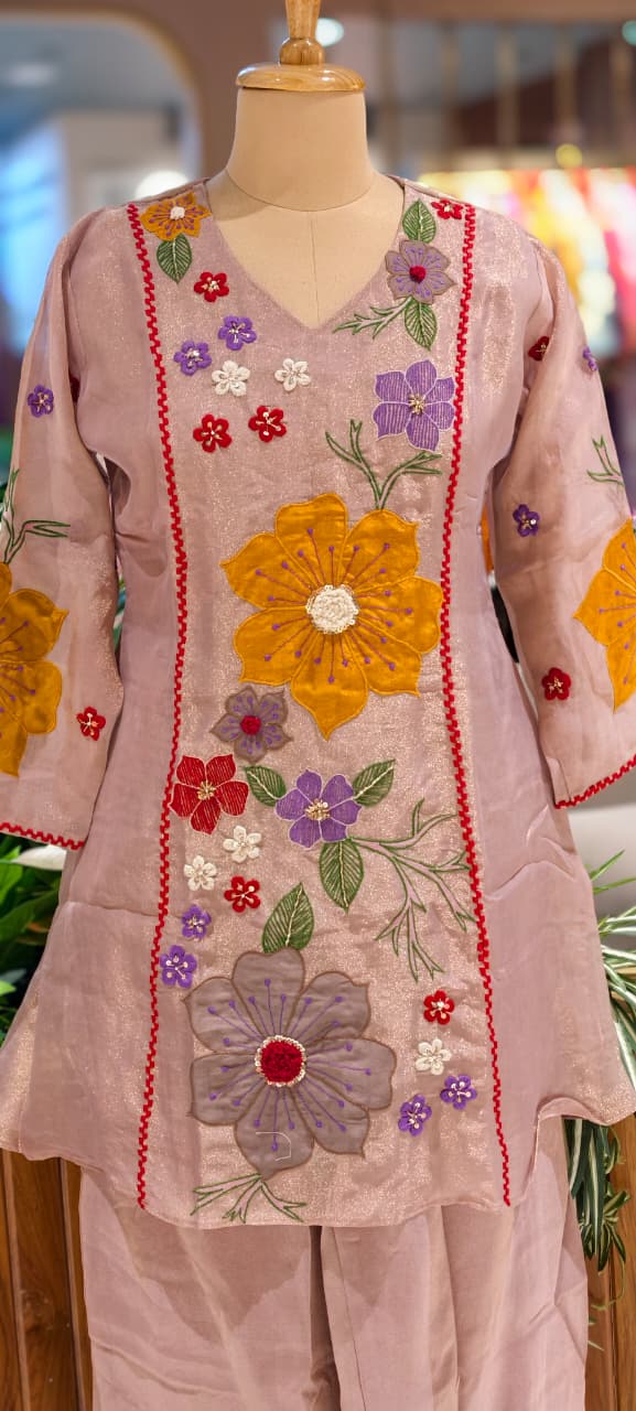 Luxury Shimmer Tissue Hand Embroidered Kurta with Palazzo Set-13812