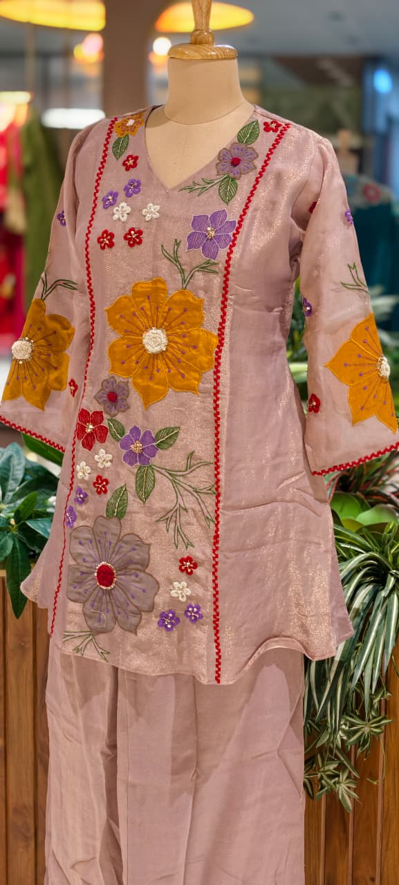 Luxury Shimmer Tissue Hand Embroidered Kurta with Palazzo Set-13812
