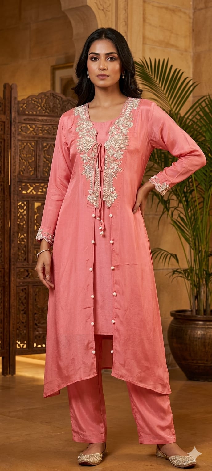 Luxury Chinon Indo Western  Hand Embroidered Neckline, Tassel Detailing and Elegant Sheer Finish-13820