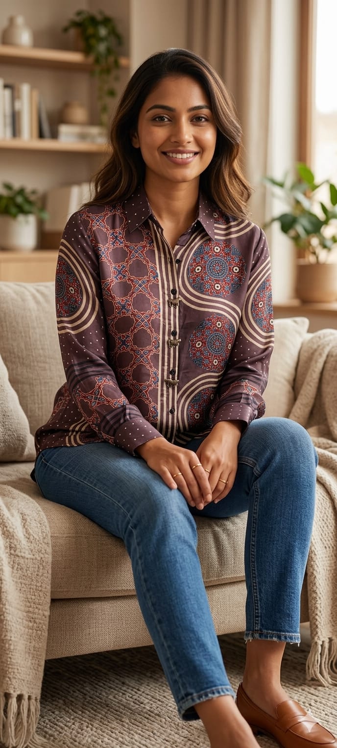 Elegant Ethnic Print Crepe Shirt with Statement Collar and Artistic Pattern-13862