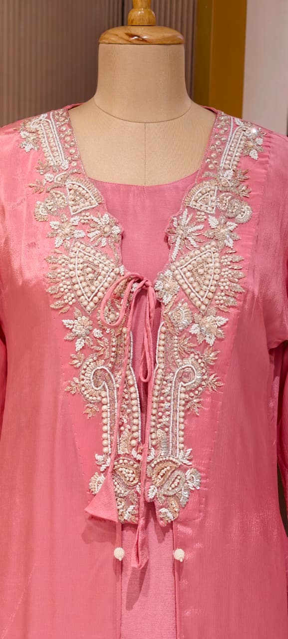 Luxury Chinon Indo Western  Hand Embroidered Neckline, Tassel Detailing and Elegant Sheer Finish-13820