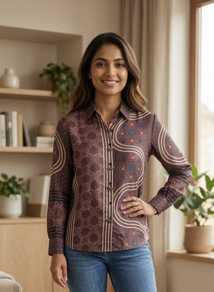 Elegant Ethnic Print Crepe Shirt with Statement Collar and Artistic Pattern-13862