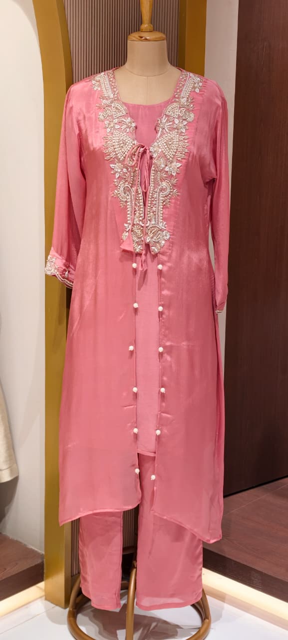 Luxury Chinon Indo Western  Hand Embroidered Neckline, Tassel Detailing and Elegant Sheer Finish-13820