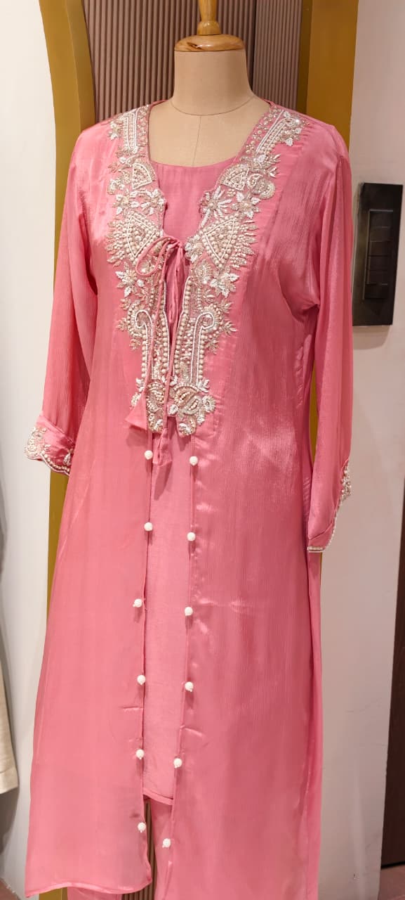 Luxury Chinon Indo Western  Hand Embroidered Neckline, Tassel Detailing and Elegant Sheer Finish-13820