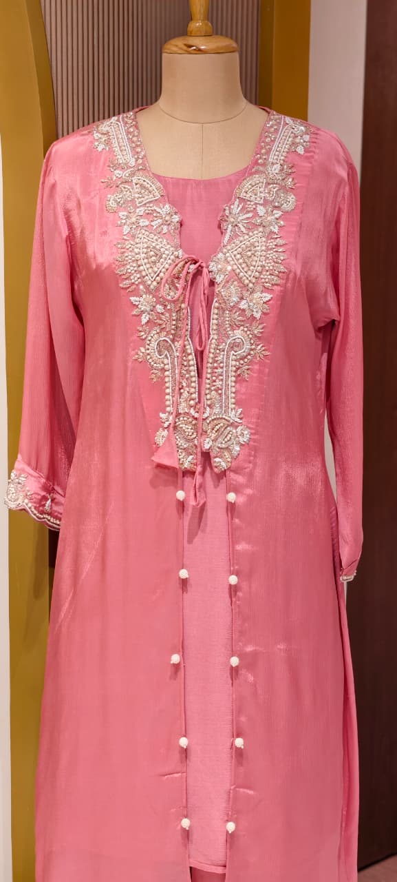 Luxury Chinon Indo Western  Hand Embroidered Neckline, Tassel Detailing and Elegant Sheer Finish-13820