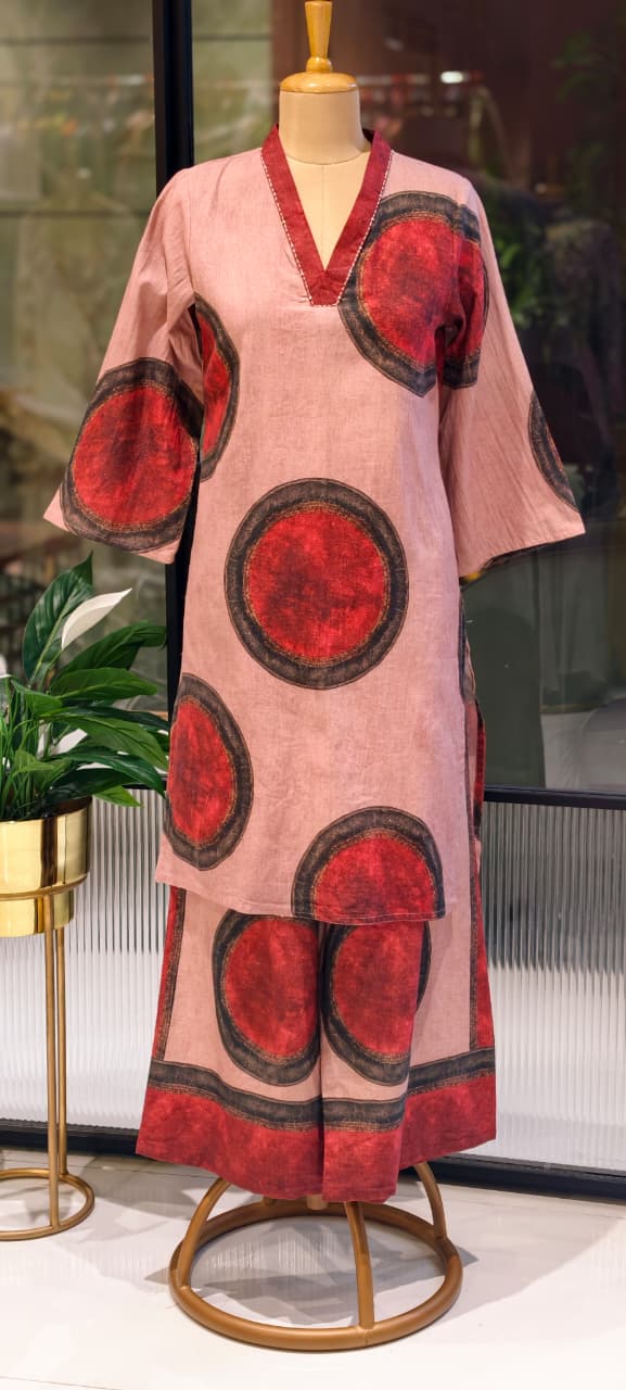Elegant linen Cotton Printed Kurta Set with Wide-Leg Pants-13871