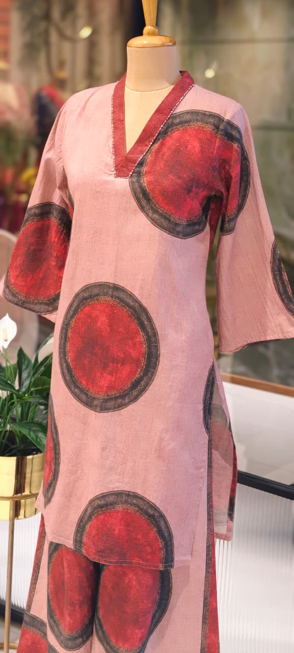 Elegant linen Cotton Printed Kurta Set with Wide-Leg Pants-13871