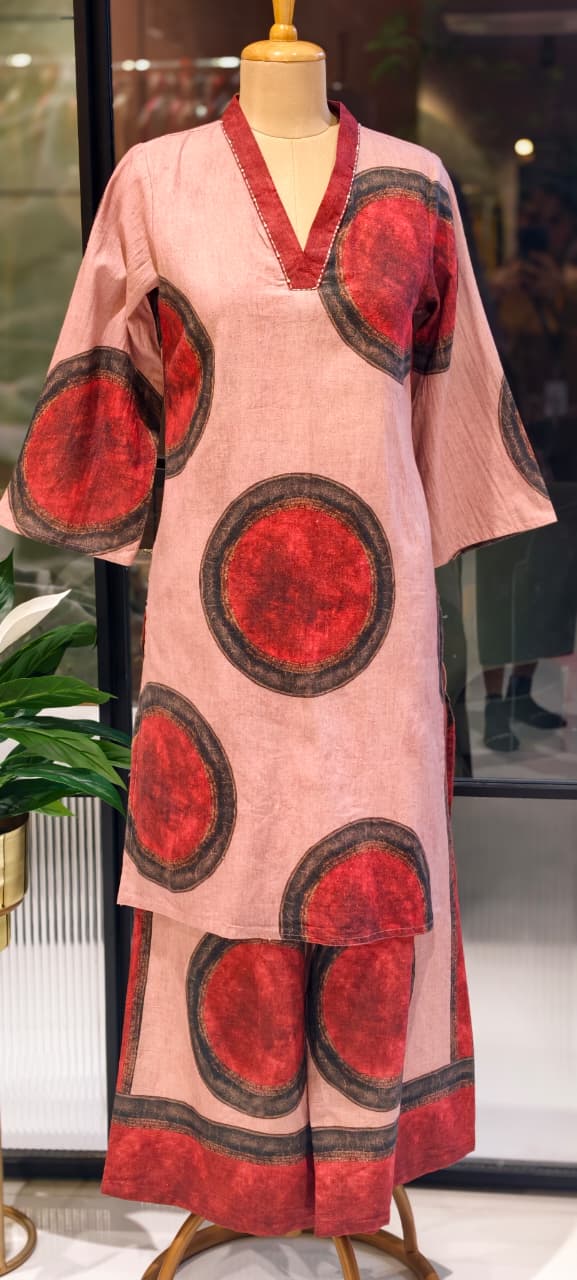 Elegant linen Cotton Printed Kurta Set with Wide-Leg Pants-13871