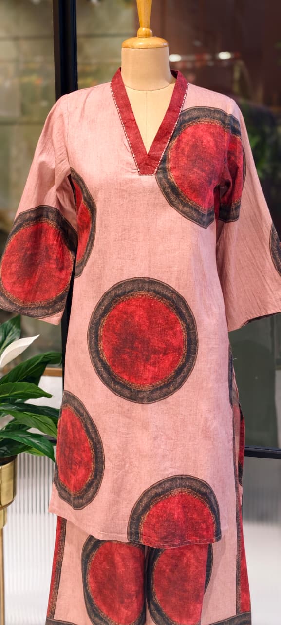 Elegant linen Cotton Printed Kurta Set with Wide-Leg Pants-13871