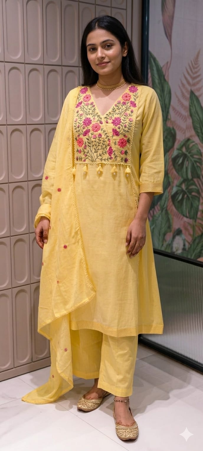 Mul Cotton A-Line Kurta Sets with Embroidered Yoke, Straight Pants and Dupatta-13881