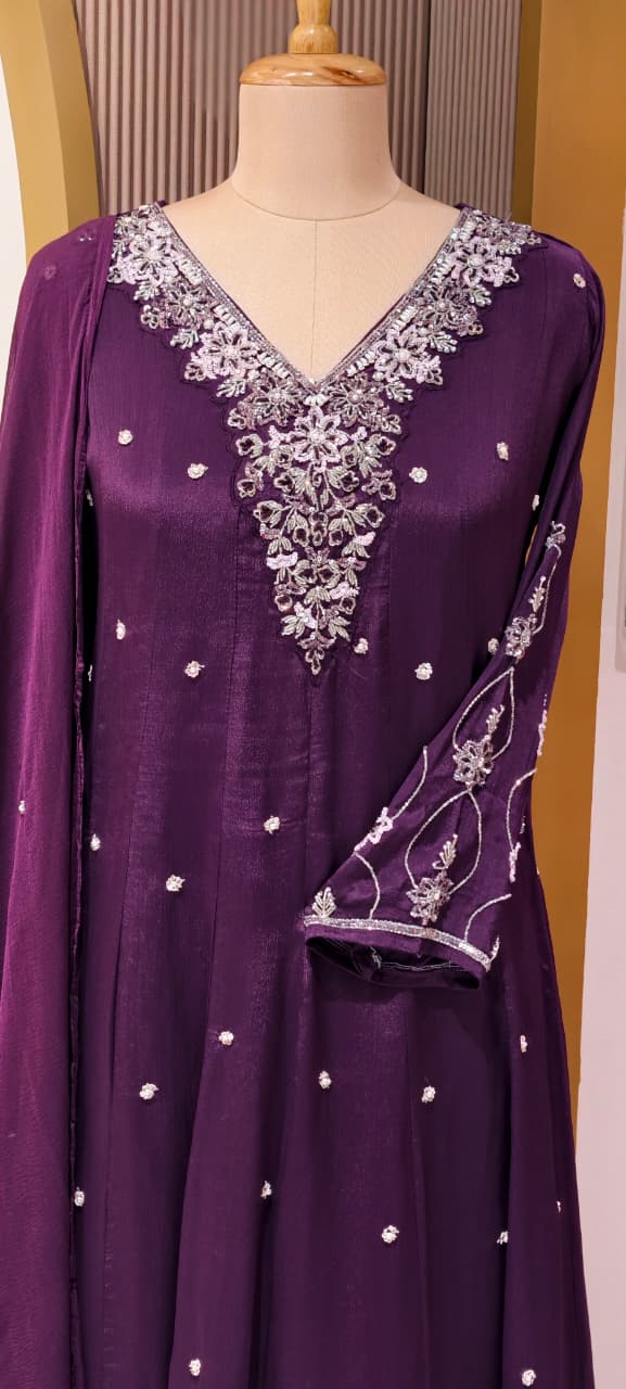 Beautiful Hand Embroidered Pannel Anarkali in Chinon Fabric Full Set-13887